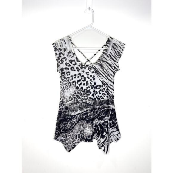 Vintage Black White Multi Animla Print Ruffled Flowy Long Top Y2k, 90s Grudge,Wh - Picture 1 of 10